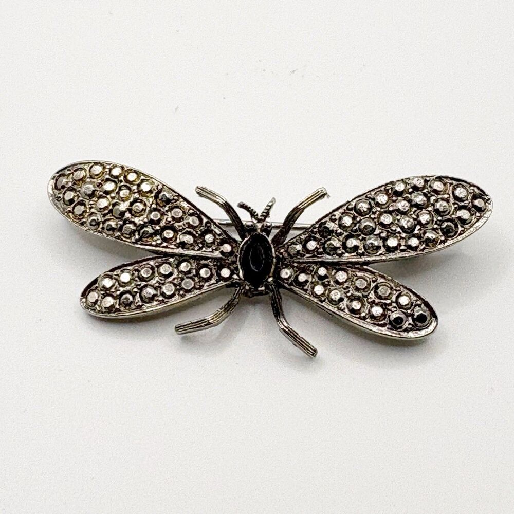 Butterfly Brooch Pin Silver Tone Black 2”